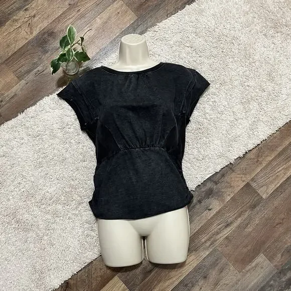 Buckle Gilded Intent Medium Stone Wash Raw Edge Ribbed Lace Up Edgy Corset Top - Picture 2 of 7